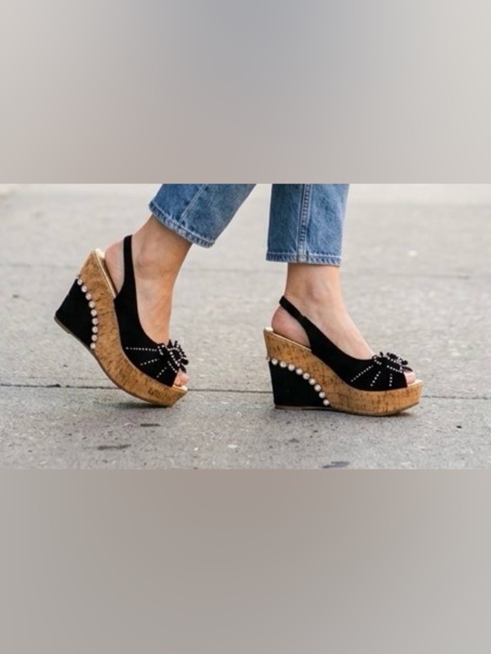 Black Bow Peep-Toe Slingback Wedges with Stud Detail